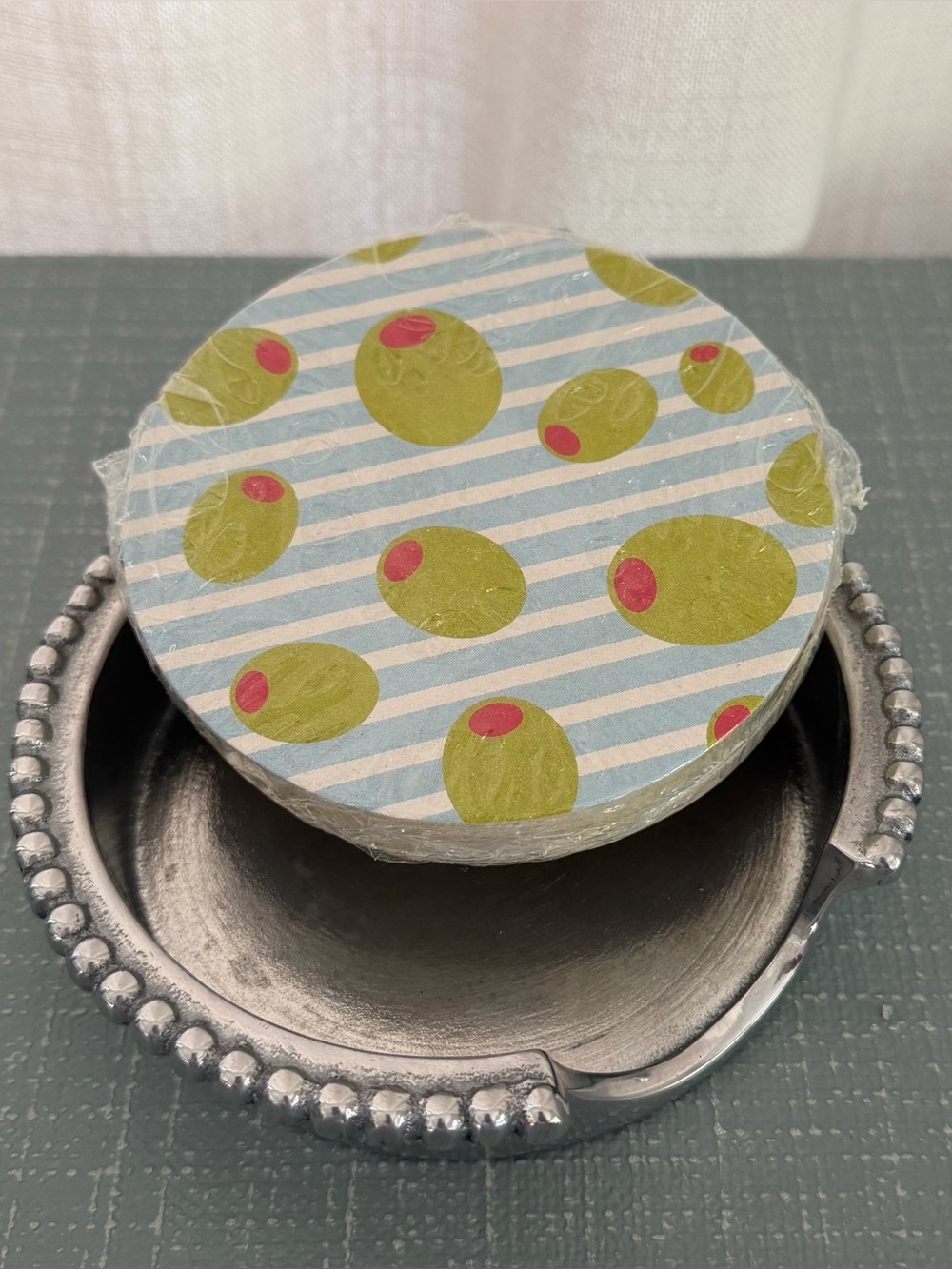 Mariposa Beaded Coaster Set with Holder | Retired Olive Pattern - Picture 2 of 5